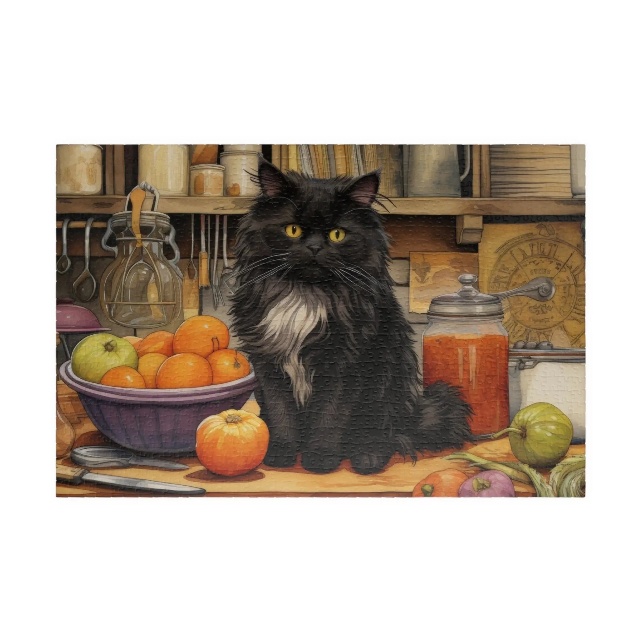 Customizable Jigsaw Puzzle: Black Longhair Cat Kitchen Helper - Jigsaw Puzzle Studios - Main
