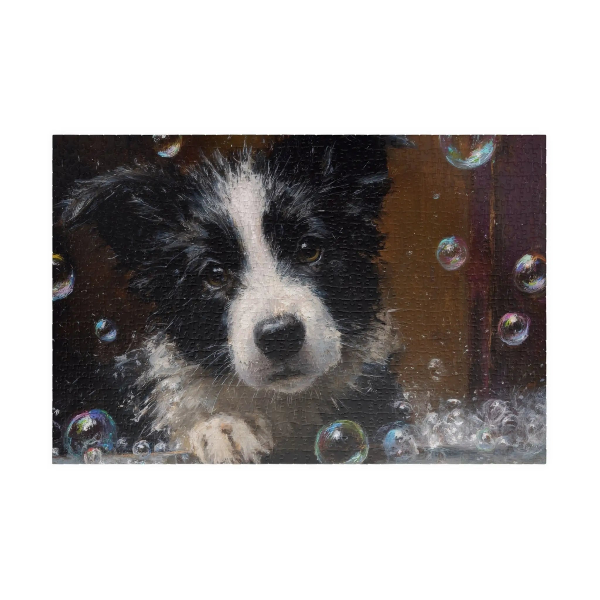 Customizable Jigsaw Puzzle: Border Collie Pup Perplexed by Bathtime - Jigsaw Puzzle Studios - Main