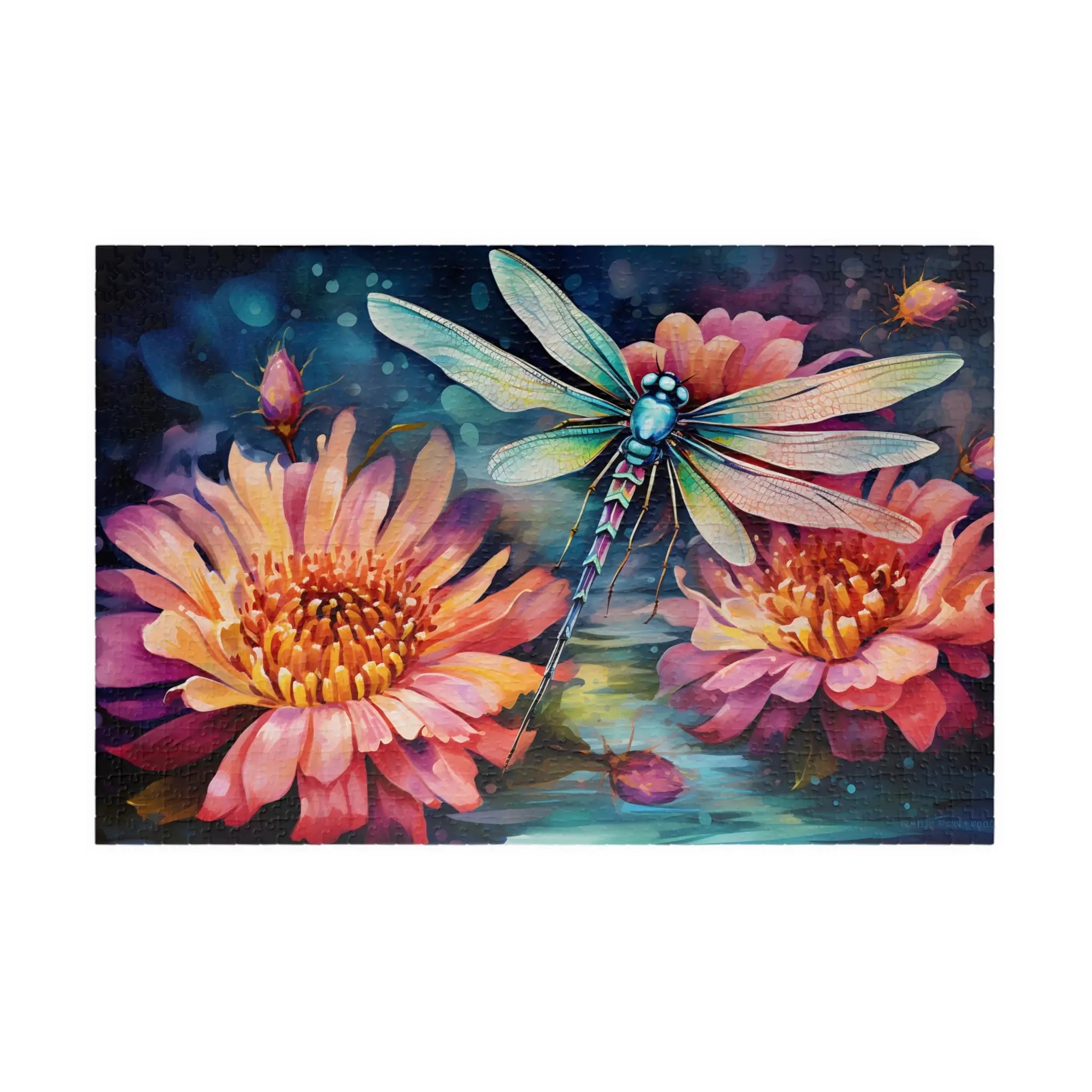 Jigsaw Puzzle: Playful Dragonfly with Pink Flowers - Jigsaw Puzzle Studios - Main