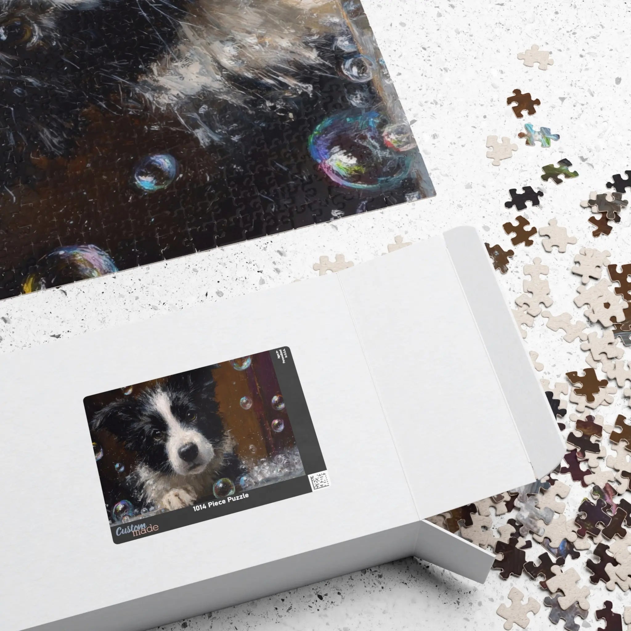 Customizable Jigsaw Puzzle: Border Collie Pup Perplexed by Bathtime - Jigsaw Puzzle Studios - Box